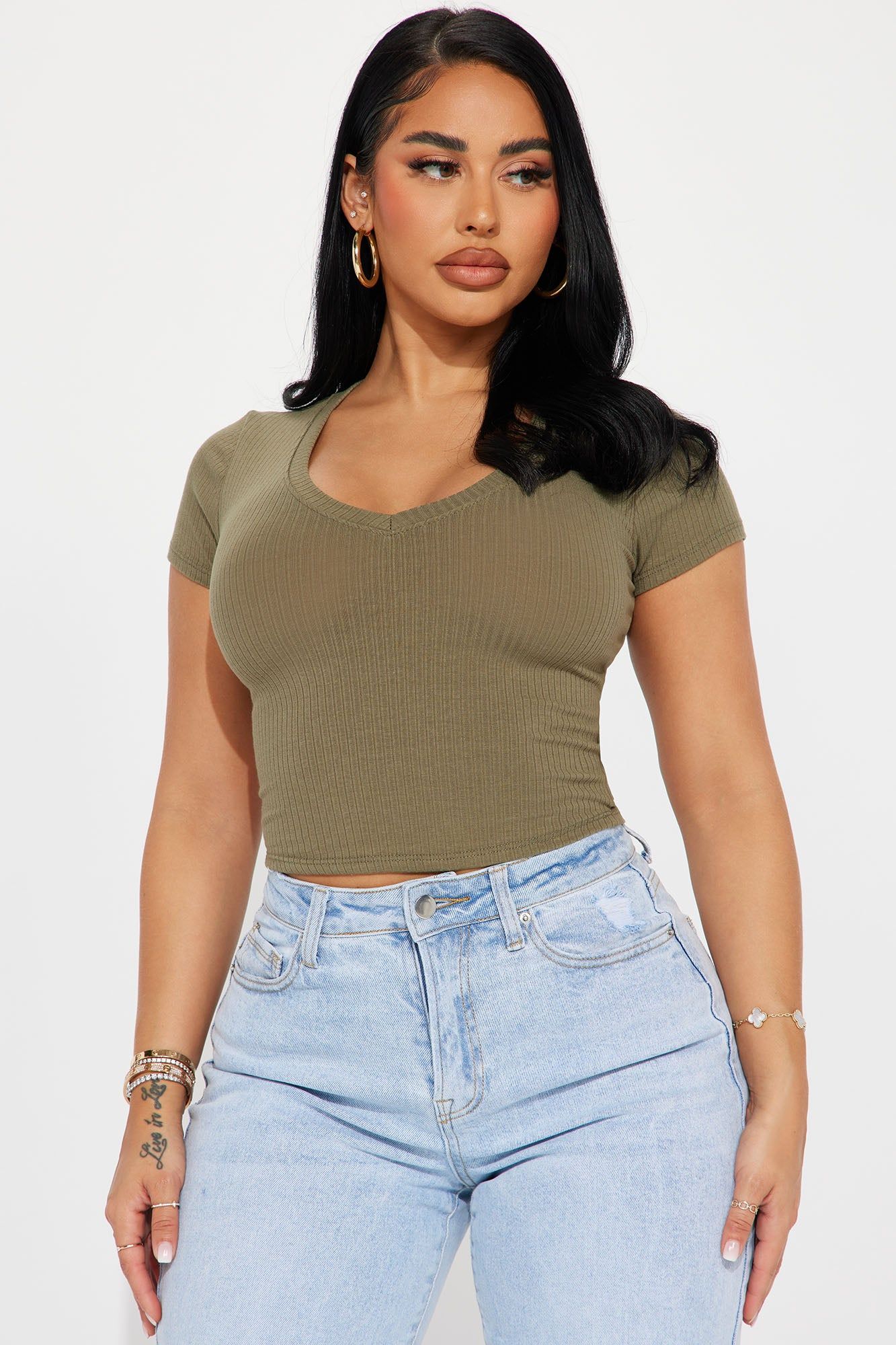 Sade Ribbed Crew Neck Top - Olive sold by Fashion Nova