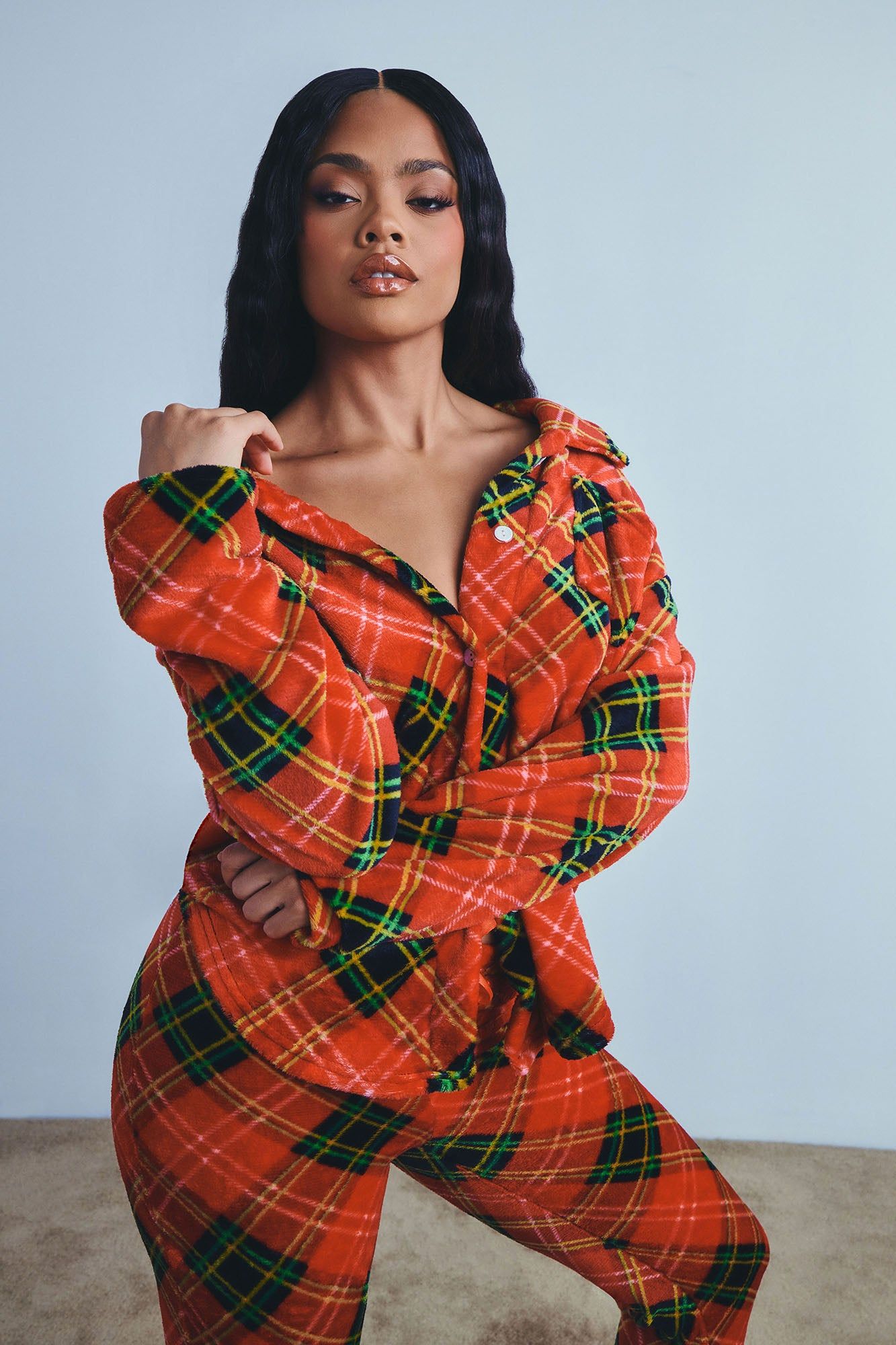 By The Fireplace Plush PJ Pant Set - Red/combo sold by Fashion Nova