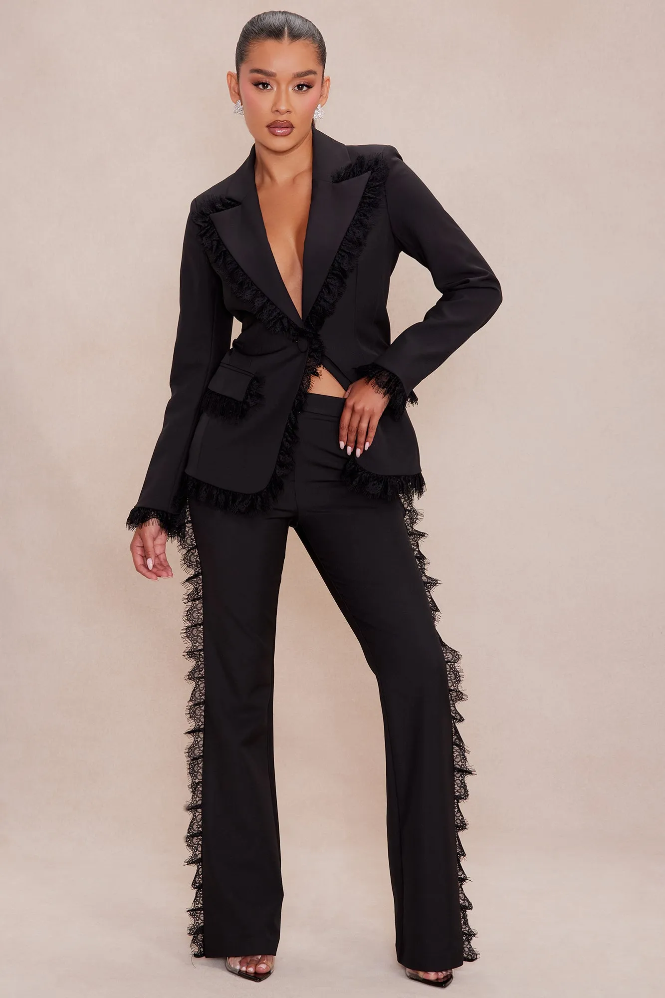 Natalie Lace Trim Blazer Suit Set - Black sold by Fashion Nova
