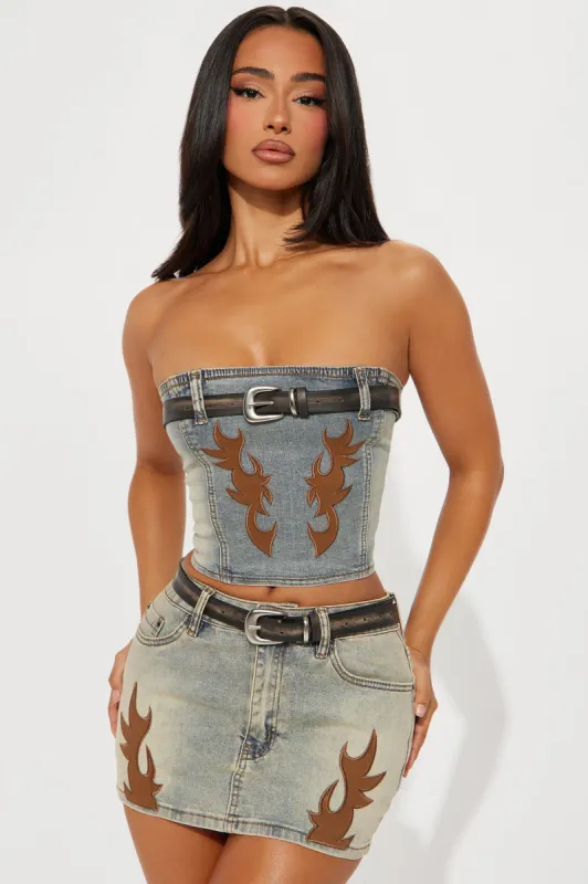 Fiery Denim Skirt Set - Vintage Wash sold by Fashion Nova