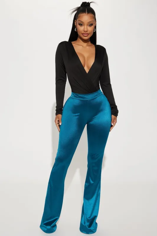 Dance Floor Satin Flare Pant - Teal sold by Fashion Nova