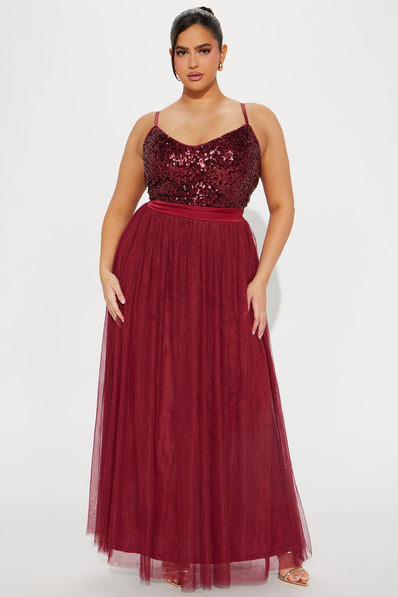 Eliza Sequin Mesh Gown - Wine sold by Fashion Nova