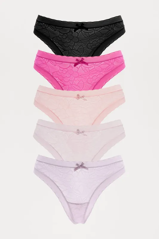 First Kiss 5 Pack Thong Panties - Raspberry/Combo sold by Fashion Nova