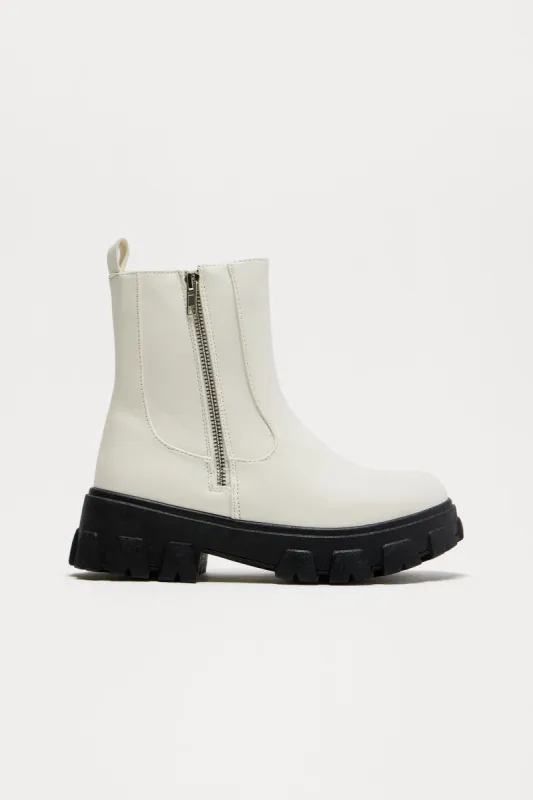 Huxley Zipper Booties - White sold by Fashion Nova