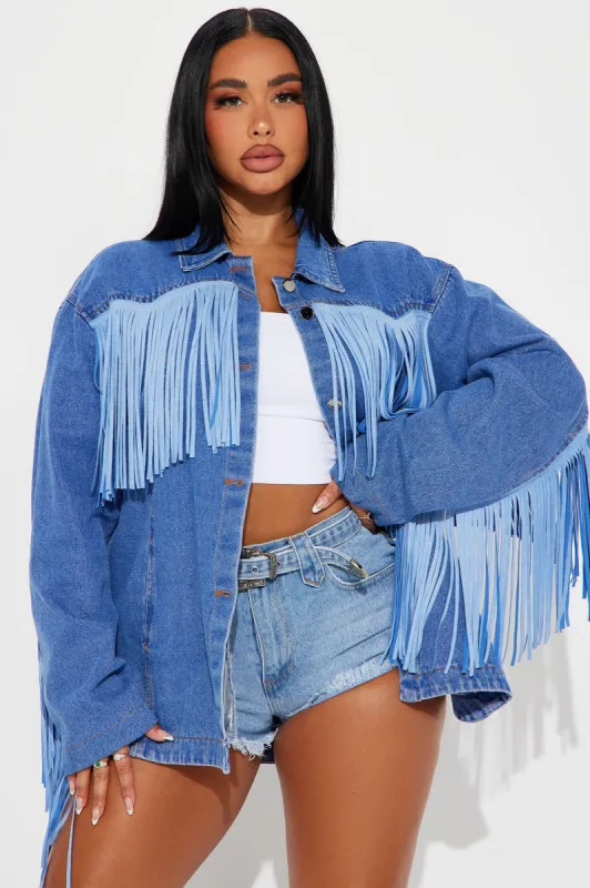 Most Wanted Fringe Denim Shirt - Blue sold by Fashion Nova