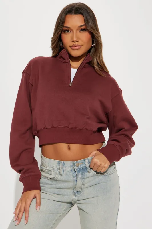 Olivia Cropped Half Zip Pull Over - Burgundy sold by Fashion Nova