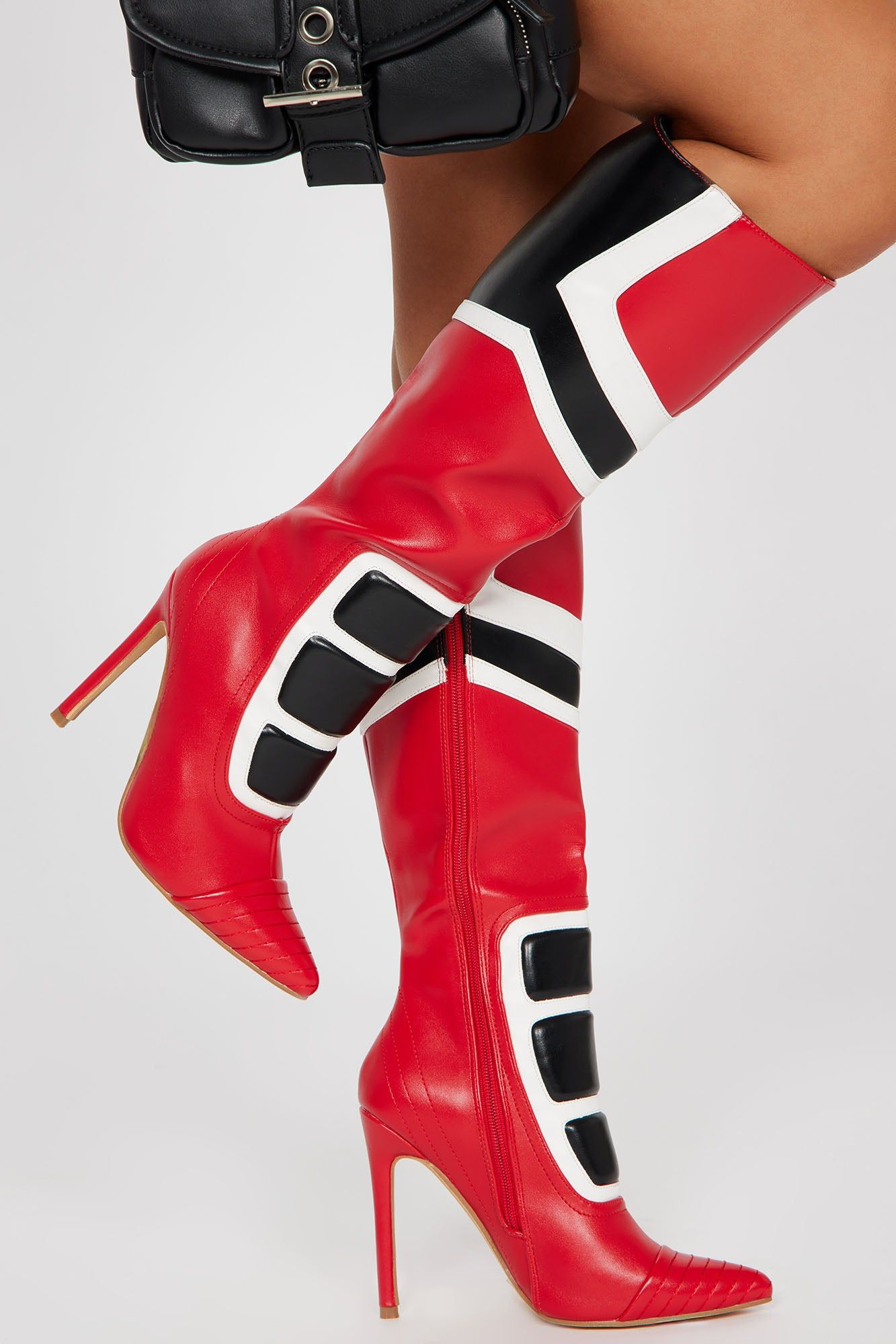 Forever A Baddie Knee High Heeled Boots - Black/Red sold by Fashion Nova