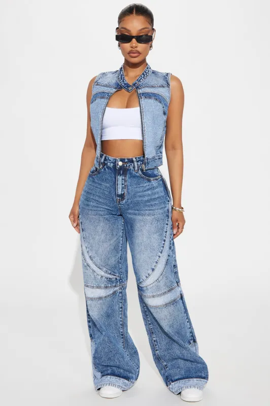 Going Along For The Rise Moto Wide Leg Jeans - Medium Wash sold by Fashion Nova