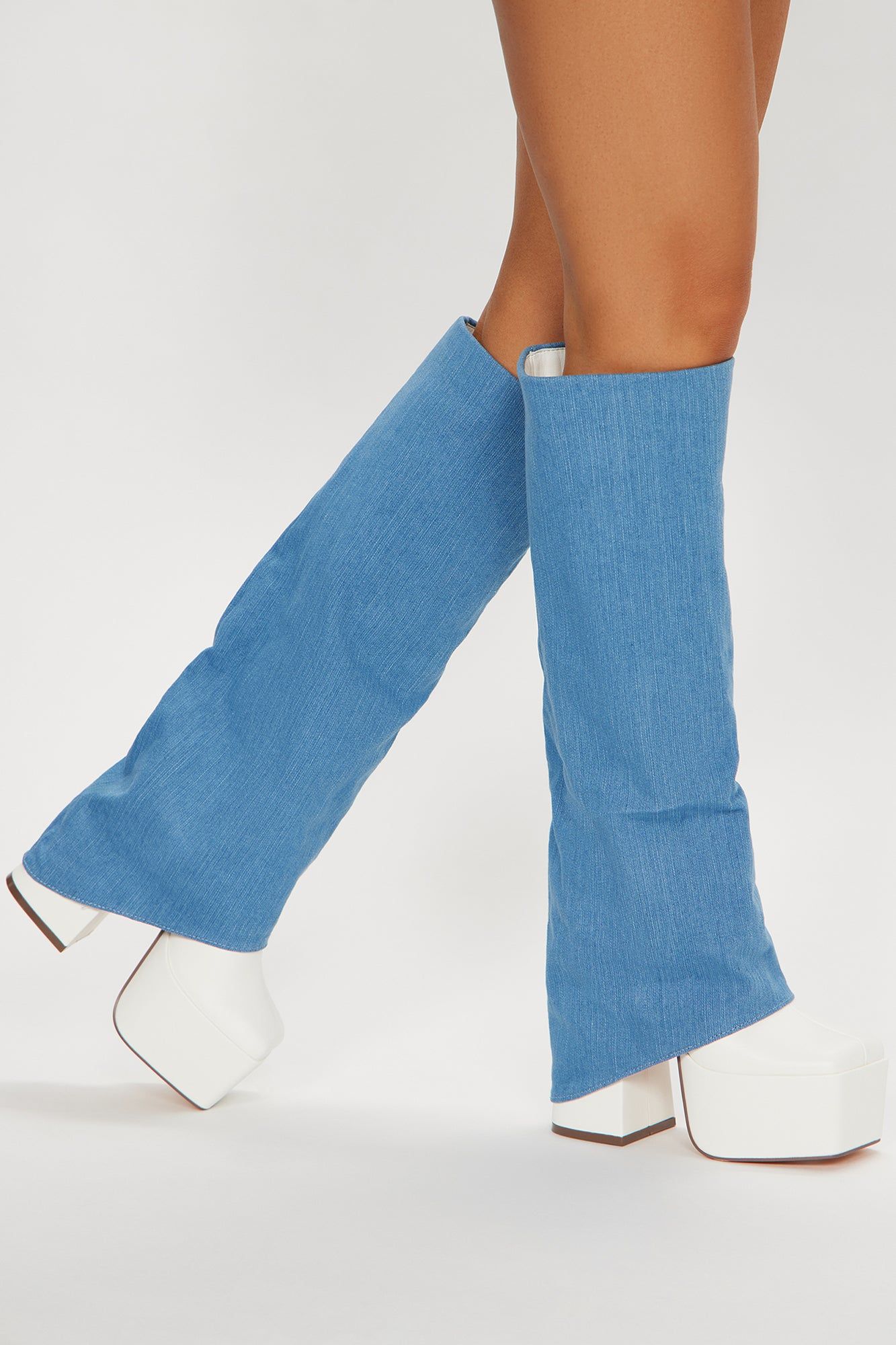 Londyn Denim Overlay Boots - White/Blue sold by Fashion Nova