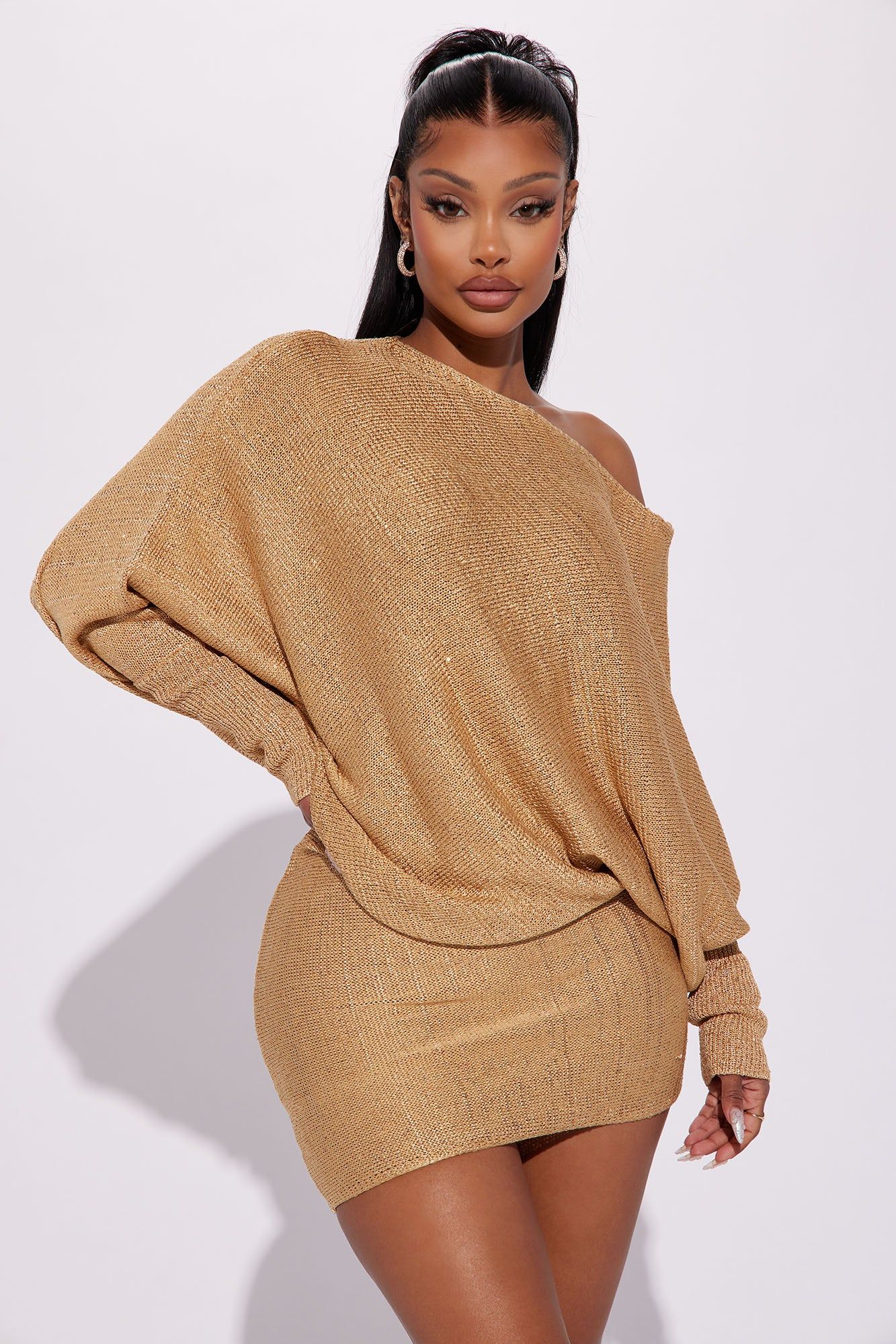 Sophia Sweater Mini Dress - Gold sold by Fashion Nova