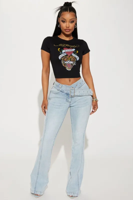 Clap Back Belted Stretch Bootcut Jeans - Light Wash sold by Fashion Nova