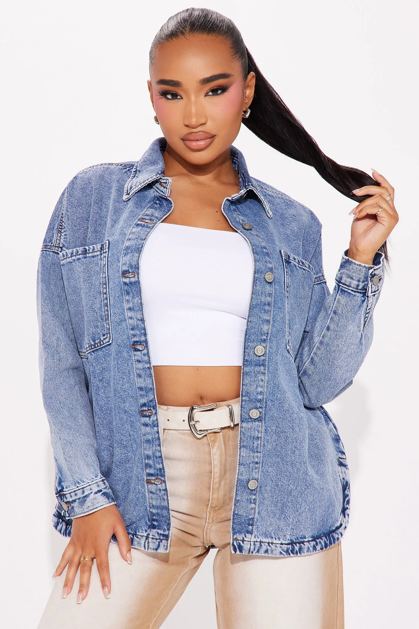 Playing Fair Denim Shacket - Medium Wash sold by Fashion Nova