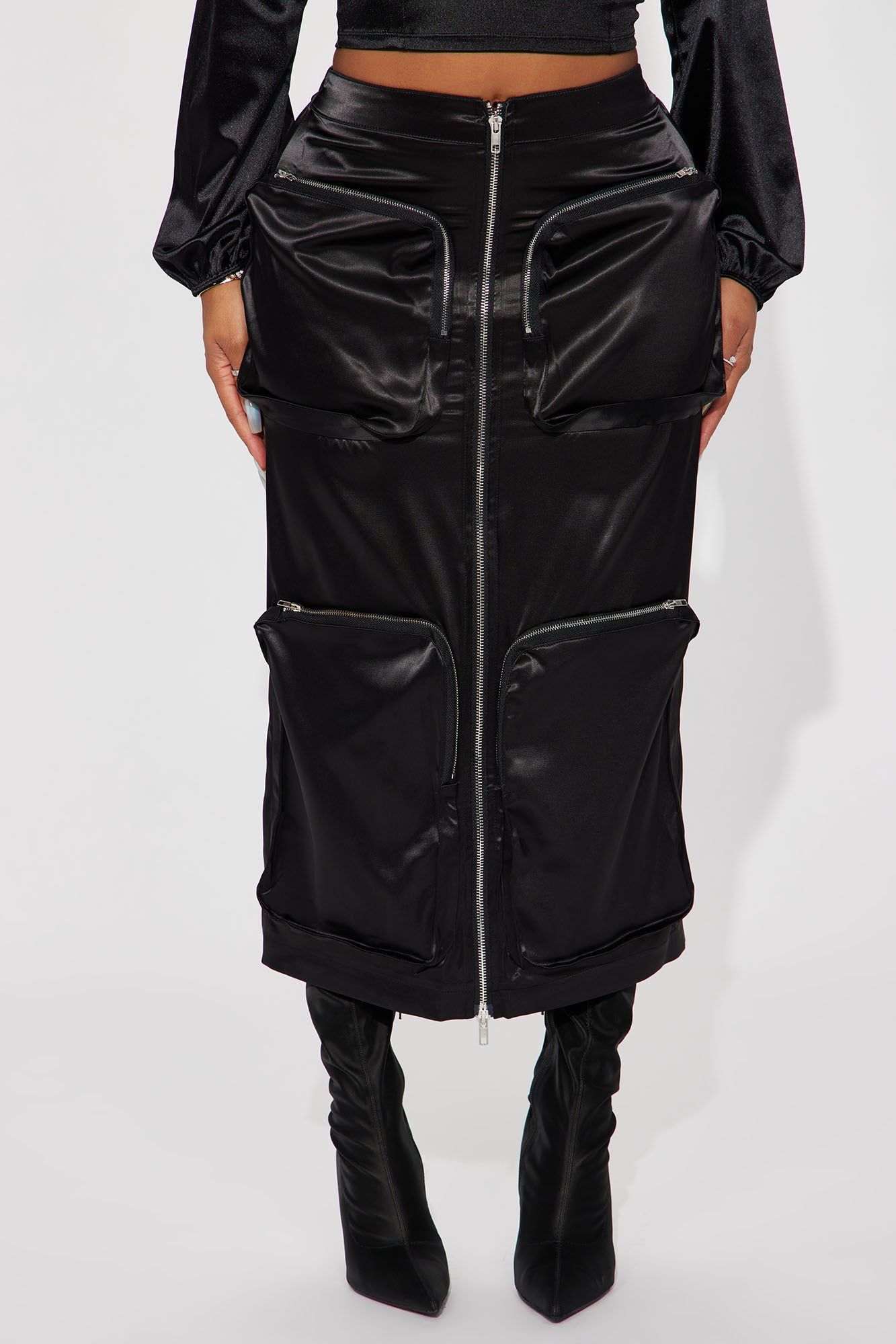 Bailey Satin Cargo Midi Skirt - Black sold by Fashion Nova product image thumbnail 2