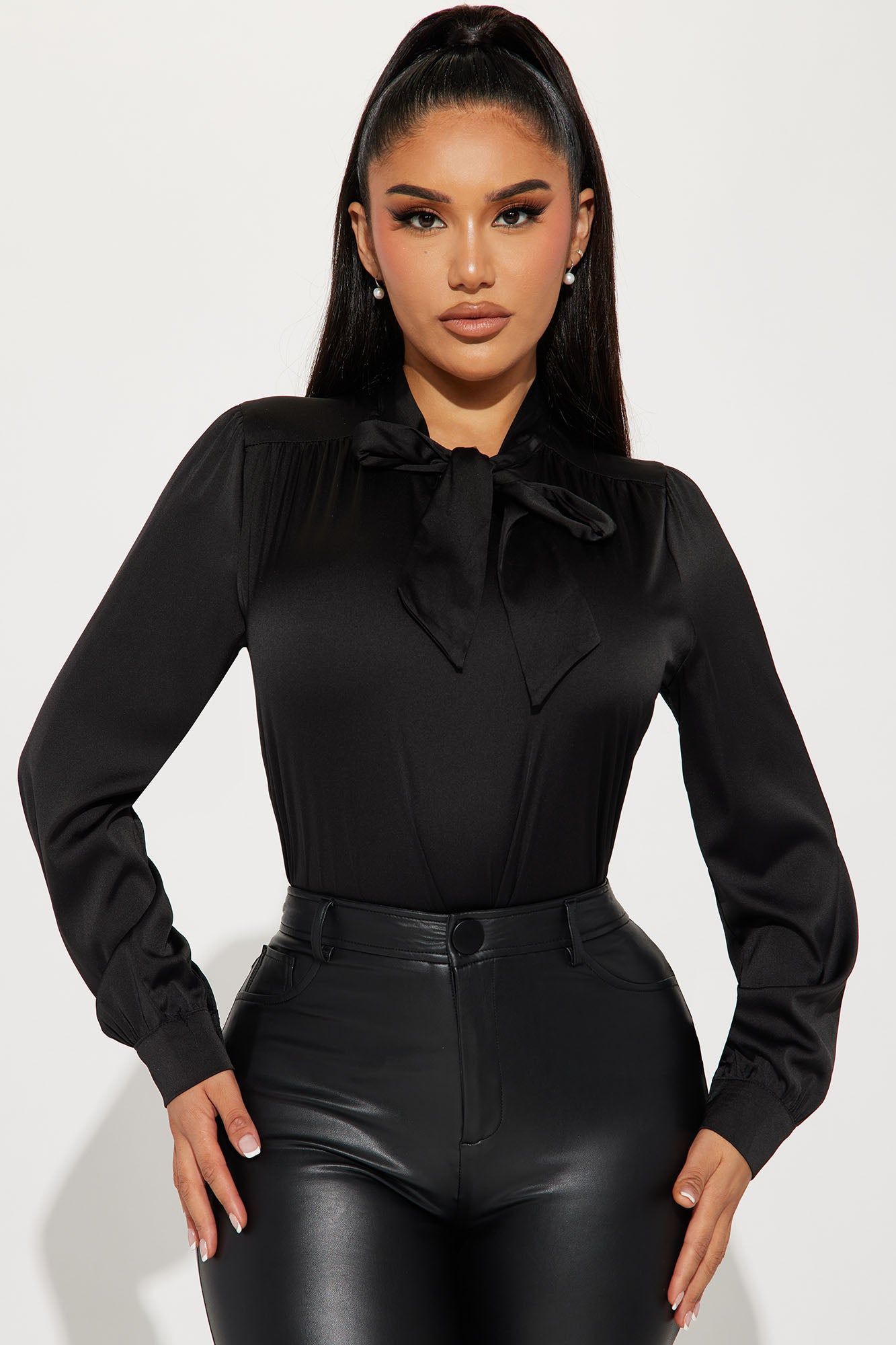 Business Chats Satin Blouse Top - Black sold by Fashion Nova