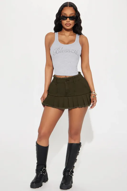 Playing Nice Pleated Micro Mini Skirt - Olive sold by Fashion Nova