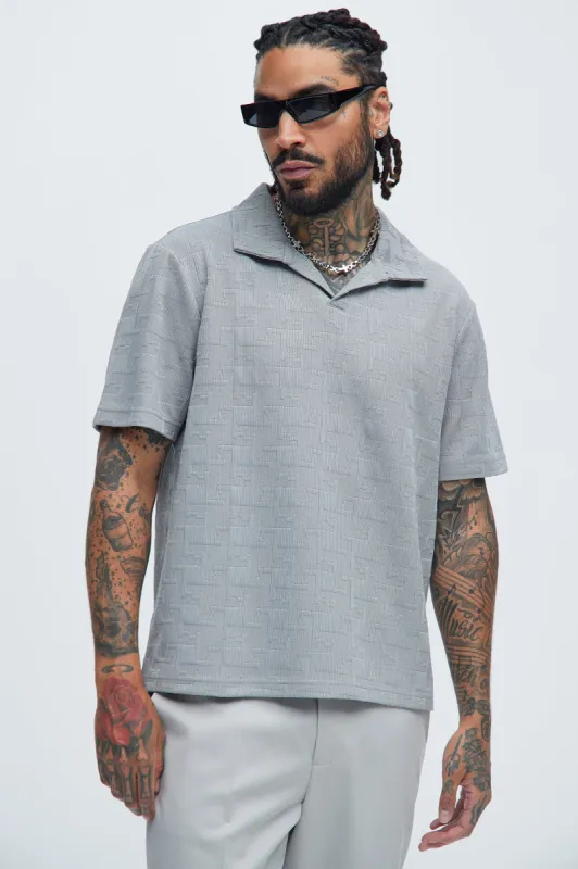Ethel Textured Knit Johnny Collar Shirt - Grey sold by Fashion Nova