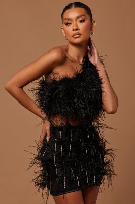 Elise Feathered Mini Skirt - Black sold by Fashion Nova