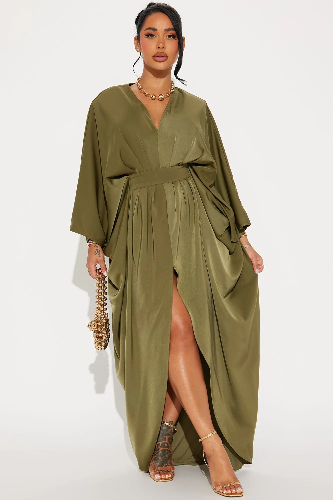 Spectacular Woman Satin Maxi Dress - Olive sold by Fashion Nova