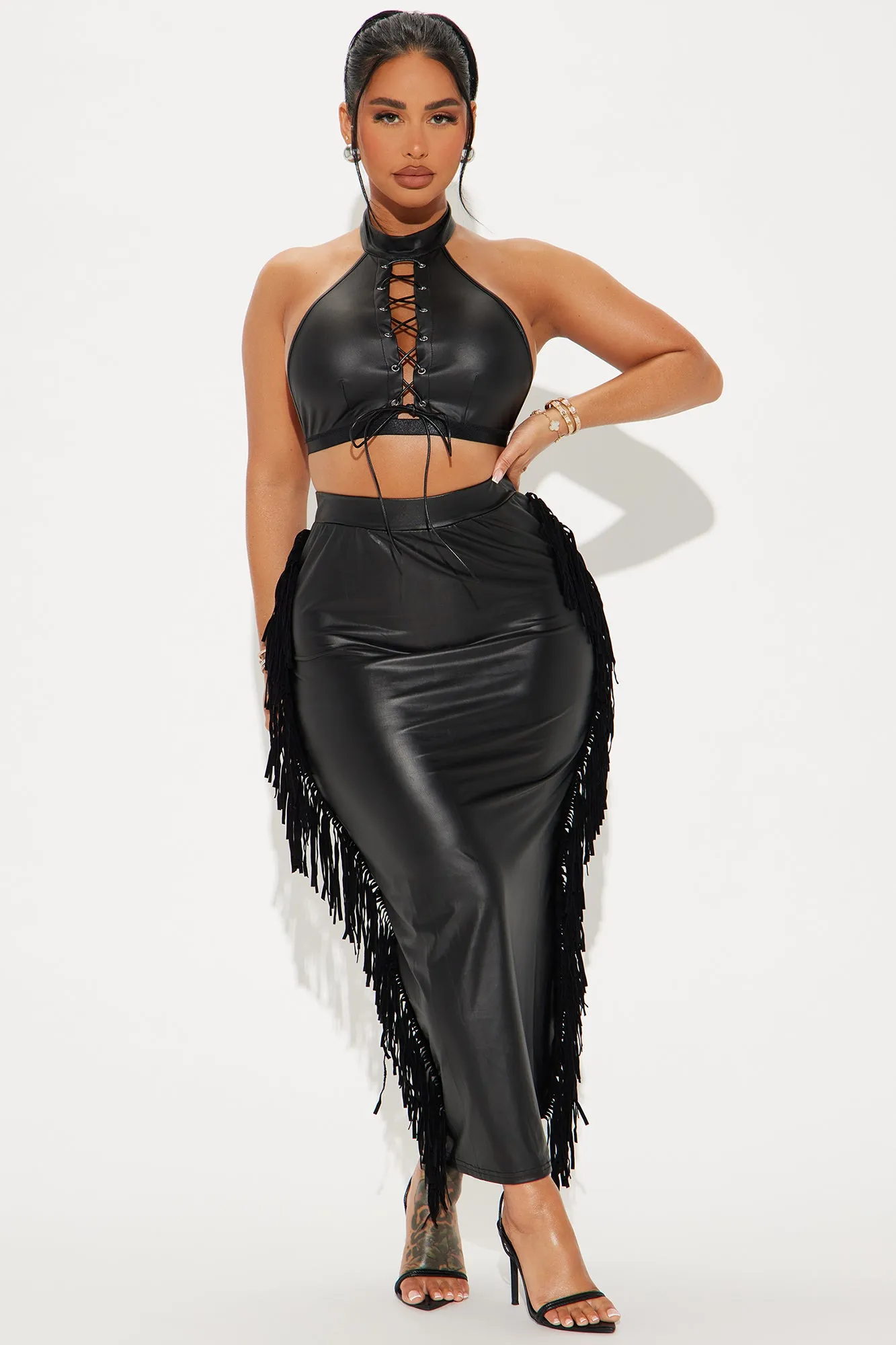 Obsessed Fringe Skirt Set - Black sold by Fashion Nova