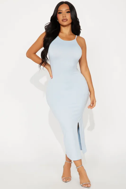 Helena High Neck Midi Dress - Dusty Blue sold by Fashion Nova