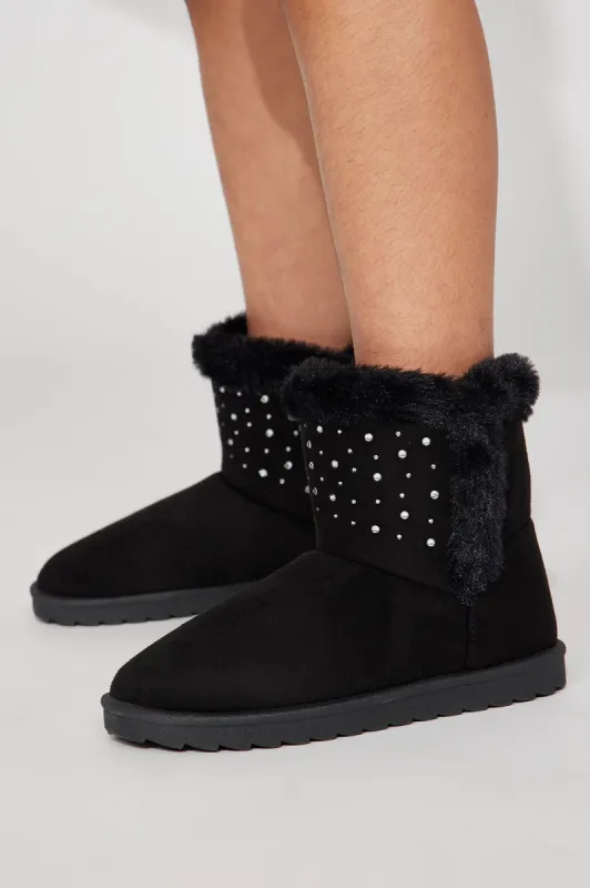 Mini Microsuede Faux Fur Rhinestone Cozy Boots - Black sold by Fashion Nova