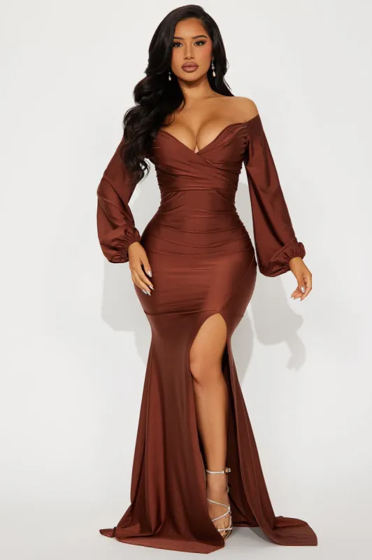 Denise Off Shoulder Maxi Dress - Chocolate sold by Fashion Nova