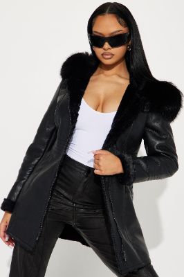 In A Mood  Faux Leather Coat - Black/combo sold by Fashion Nova