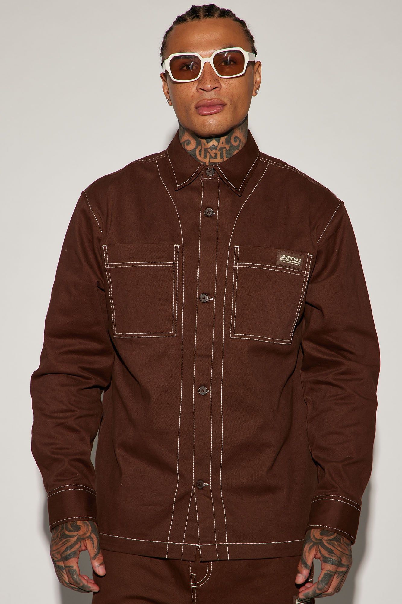 Rocky Contrast Stitch Shacket - Chocolate sold by Fashion Nova