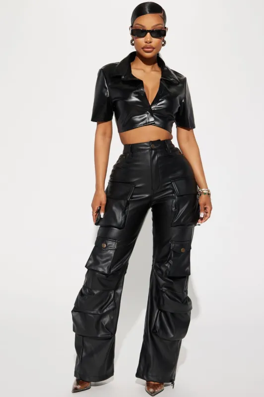 City Is Mine Faux Leather Cargo Pant - Black sold by Fashion Nova