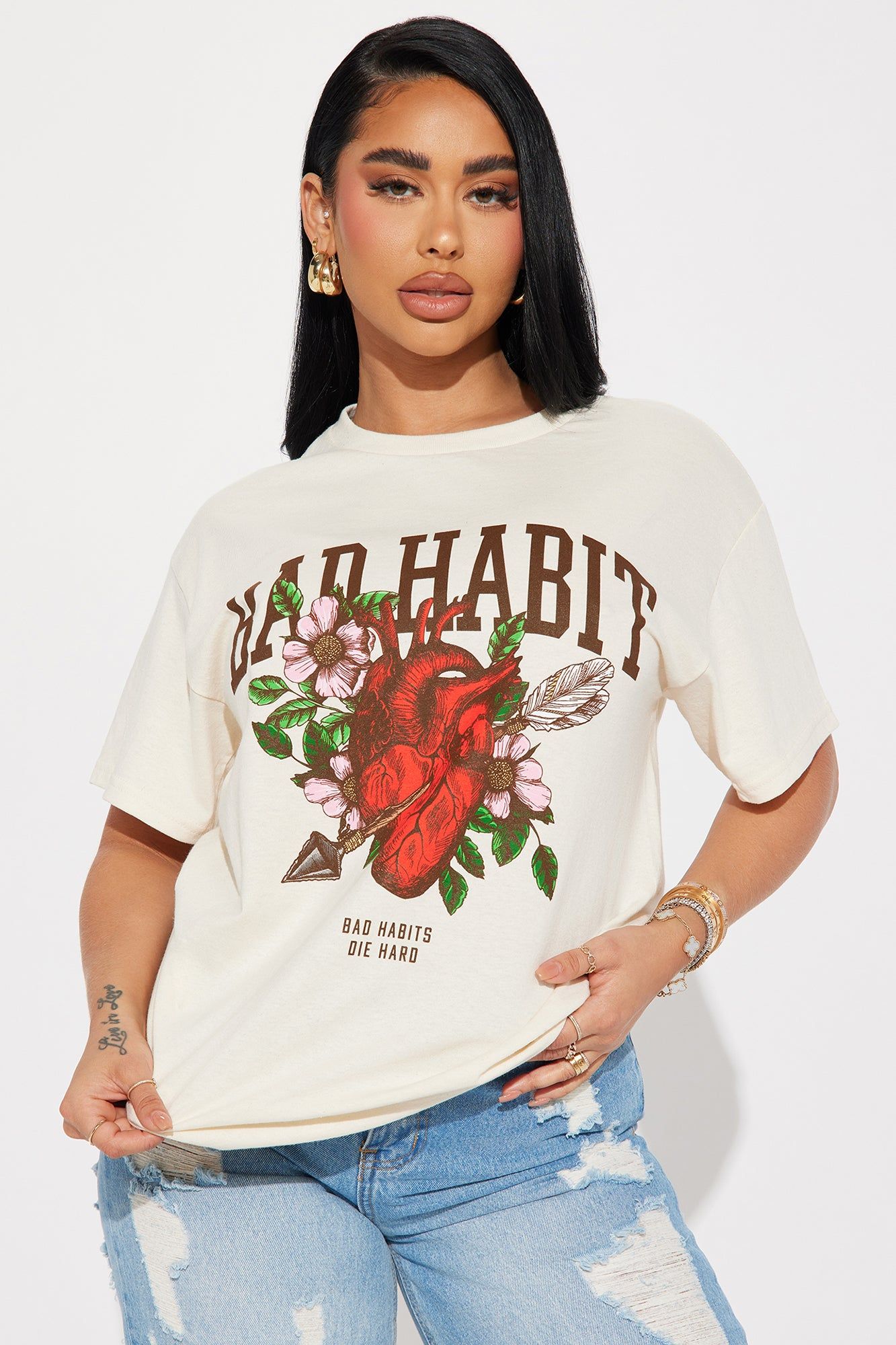 Bad Habits Break Hearts Graphic Tee - Cream sold by Fashion Nova