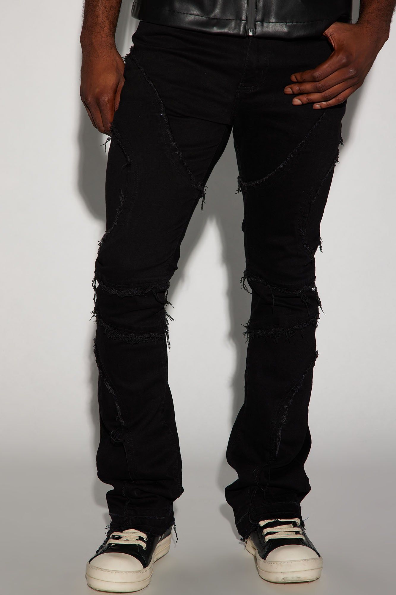 One Time Fray Stacked Skinny Flare Jeans - Black sold by Fashion Nova