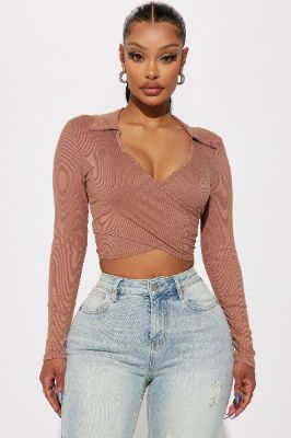 Monica Long Sleeve Wrap Top - Taupe sold by Fashion Nova