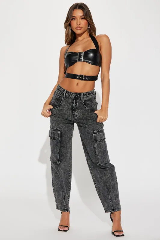 French Kiss Stretch Cargo Jeans - Acid Wash Black sold by Fashion Nova