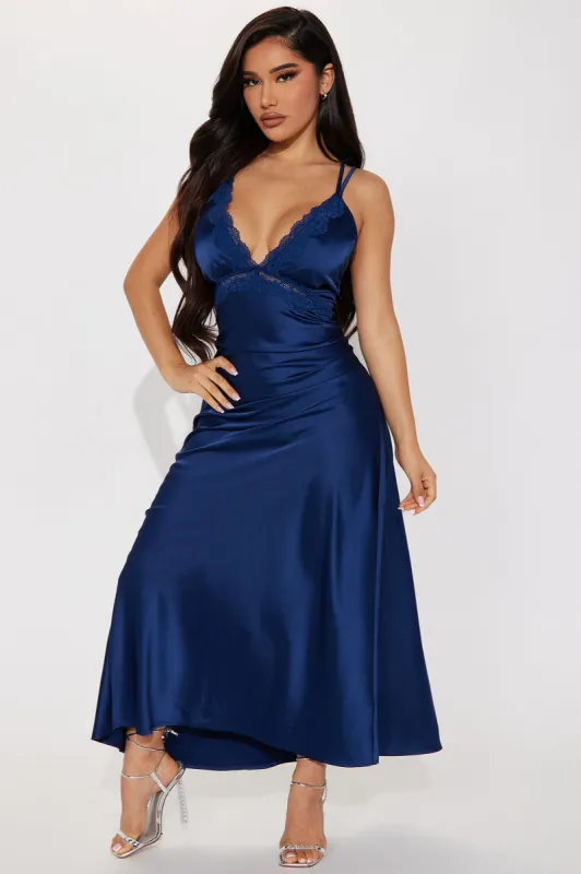 Aubree Satin Maxi Dress - Navy sold by Fashion Nova