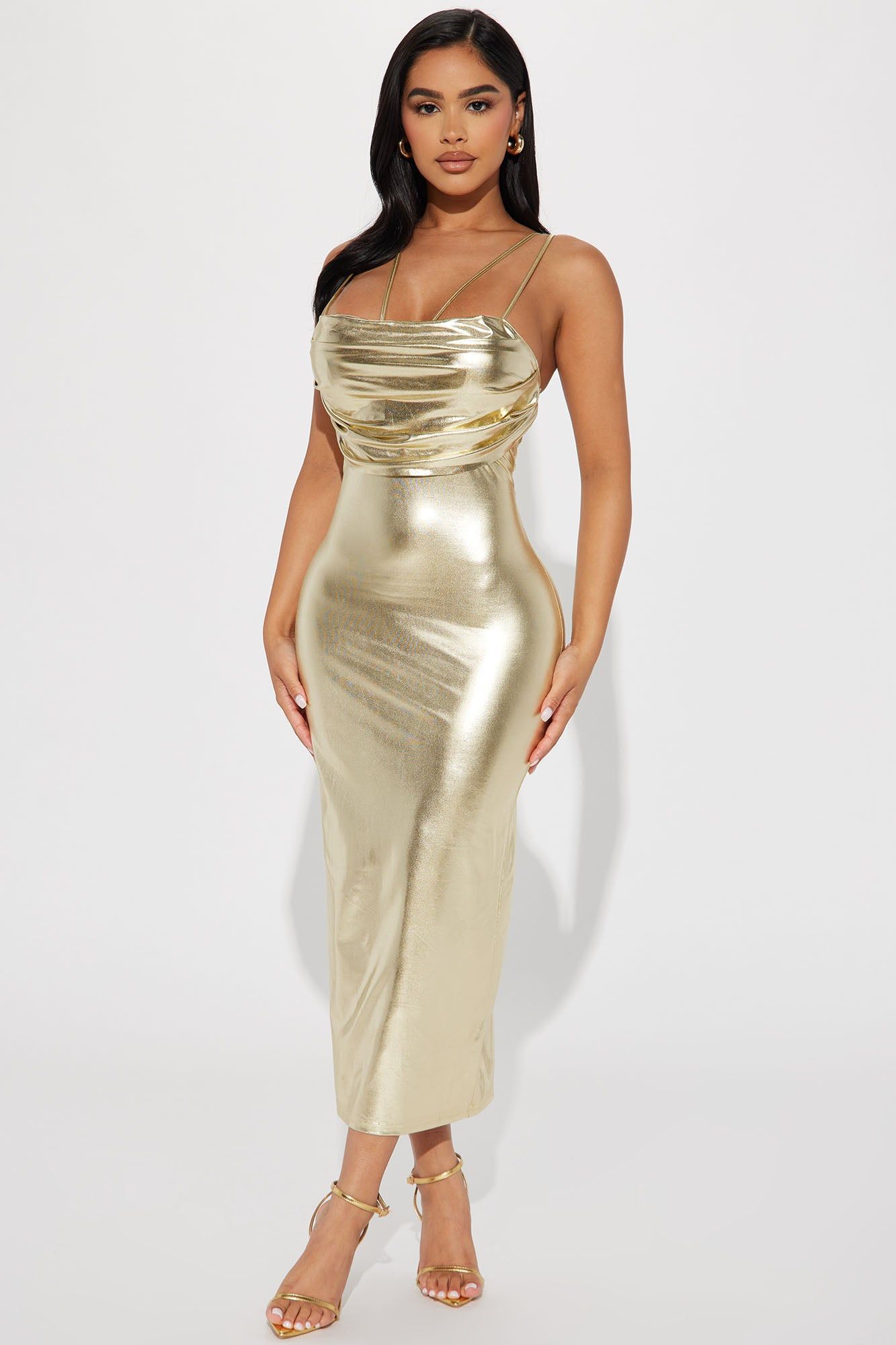 Athena Metallic Midi Dress - Gold sold by Fashion Nova