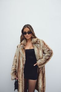 Breezy Nights Faux Fur Coat - Brown/combo sold by Fashion Nova