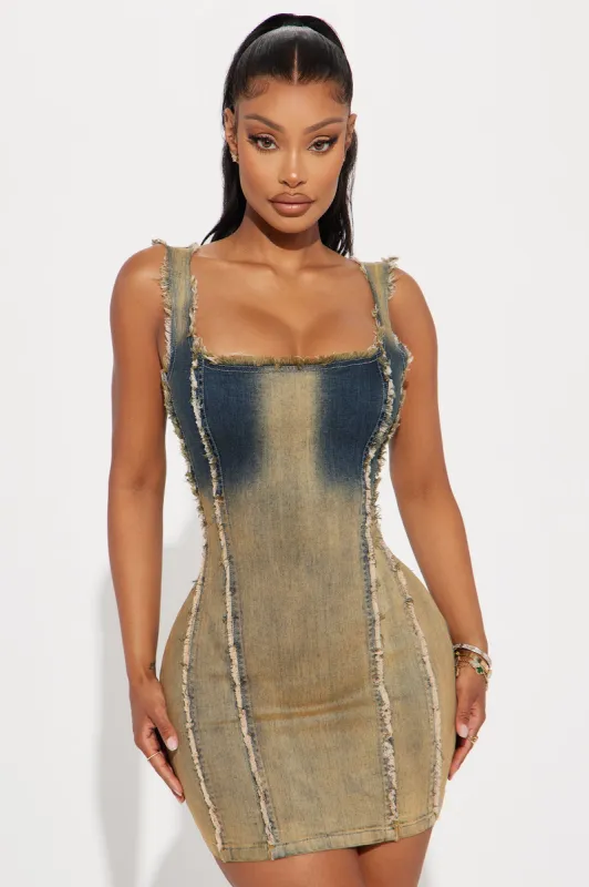 Giddy Up Denim Micro Mini Dress - Tan/Multi sold by Fashion Nova