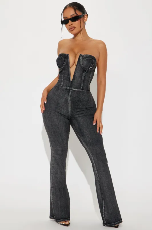 About A Girl Denim Jumpsuit - Black Wash sold by Fashion Nova