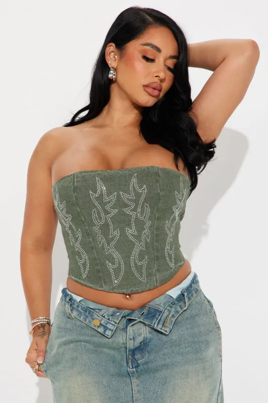 Jessie Embellished Corset Top - Green sold by Fashion Nova
