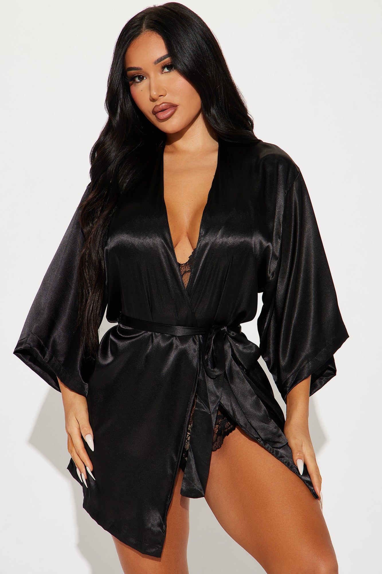 Amore Lace Satin Robe - Black sold by Fashion Nova