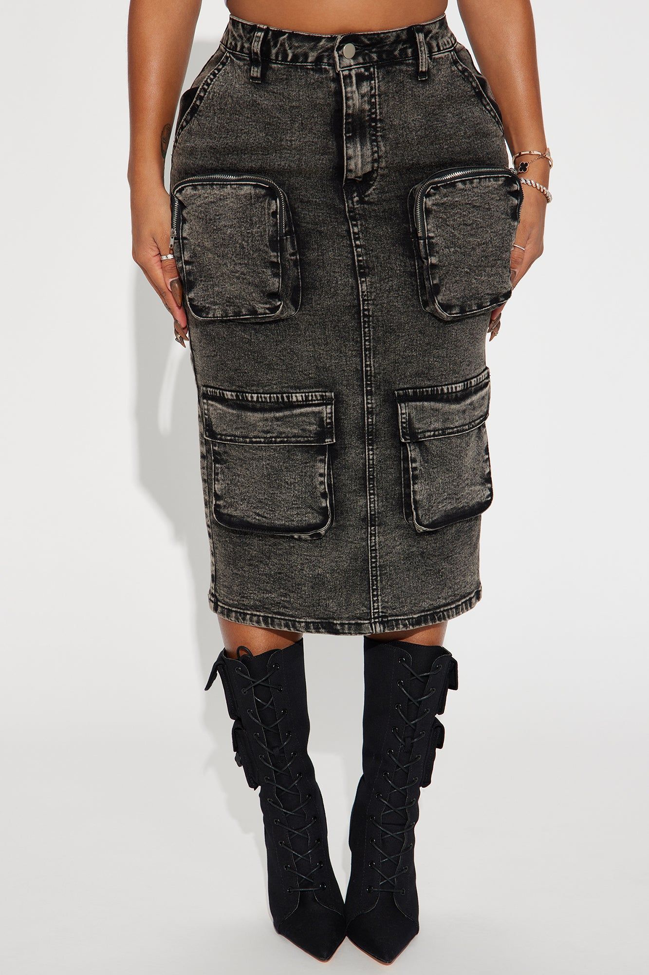 Sakura Cargo Denim Midi Skirt - Black/combo sold by Fashion Nova product image thumbnail 2