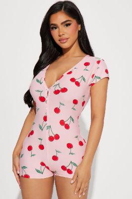 Sweet Cherries PJ Romper Onesie - Pink/combo sold by Fashion Nova