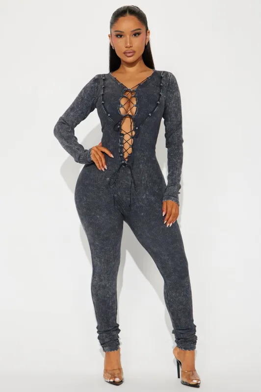 Lace Em Up Jumpsuit - Charcoal sold by Fashion Nova
