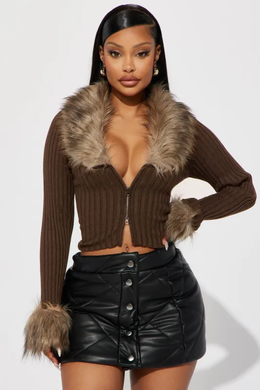 Furever Feeling Faux Fur Cropped Cardigan - Chocolate/Combo sold by Fashion Nova