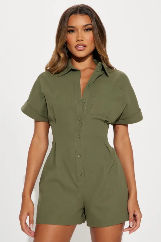 Press The Facts Romper - Olive sold by Fashion Nova
