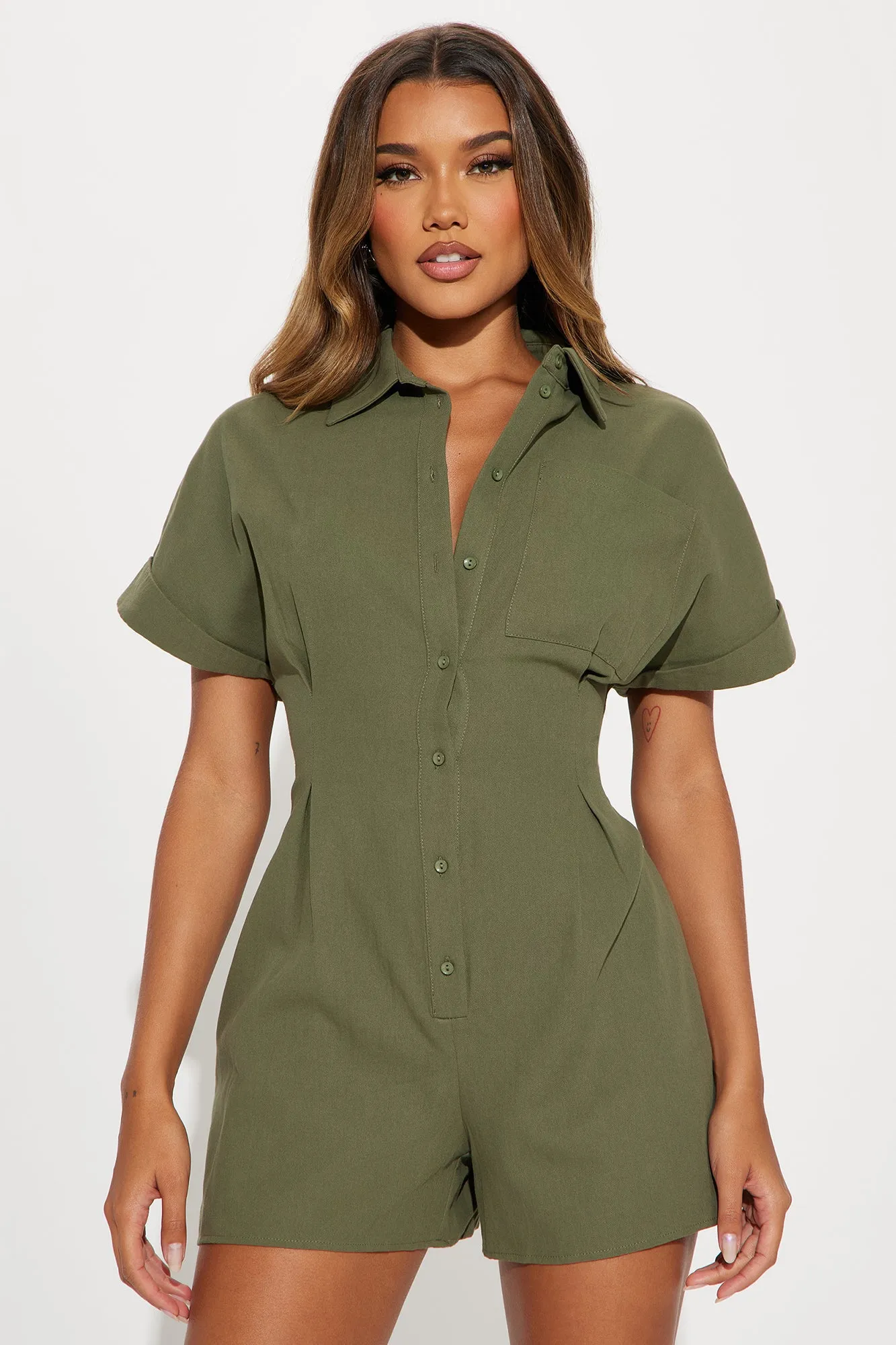 Press The Facts Romper - Olive sold by Fashion Nova