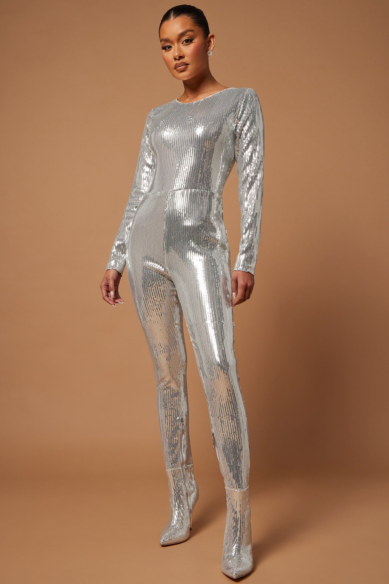 Britney Sequin Catsuit Booties - Silver sold by Fashion Nova