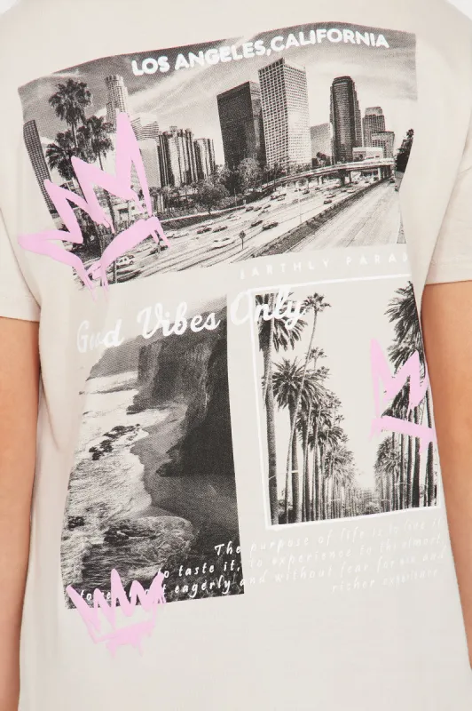 Mini LA Good Vibes Only Short Sleeve Tee - Beige sold by Fashion Nova