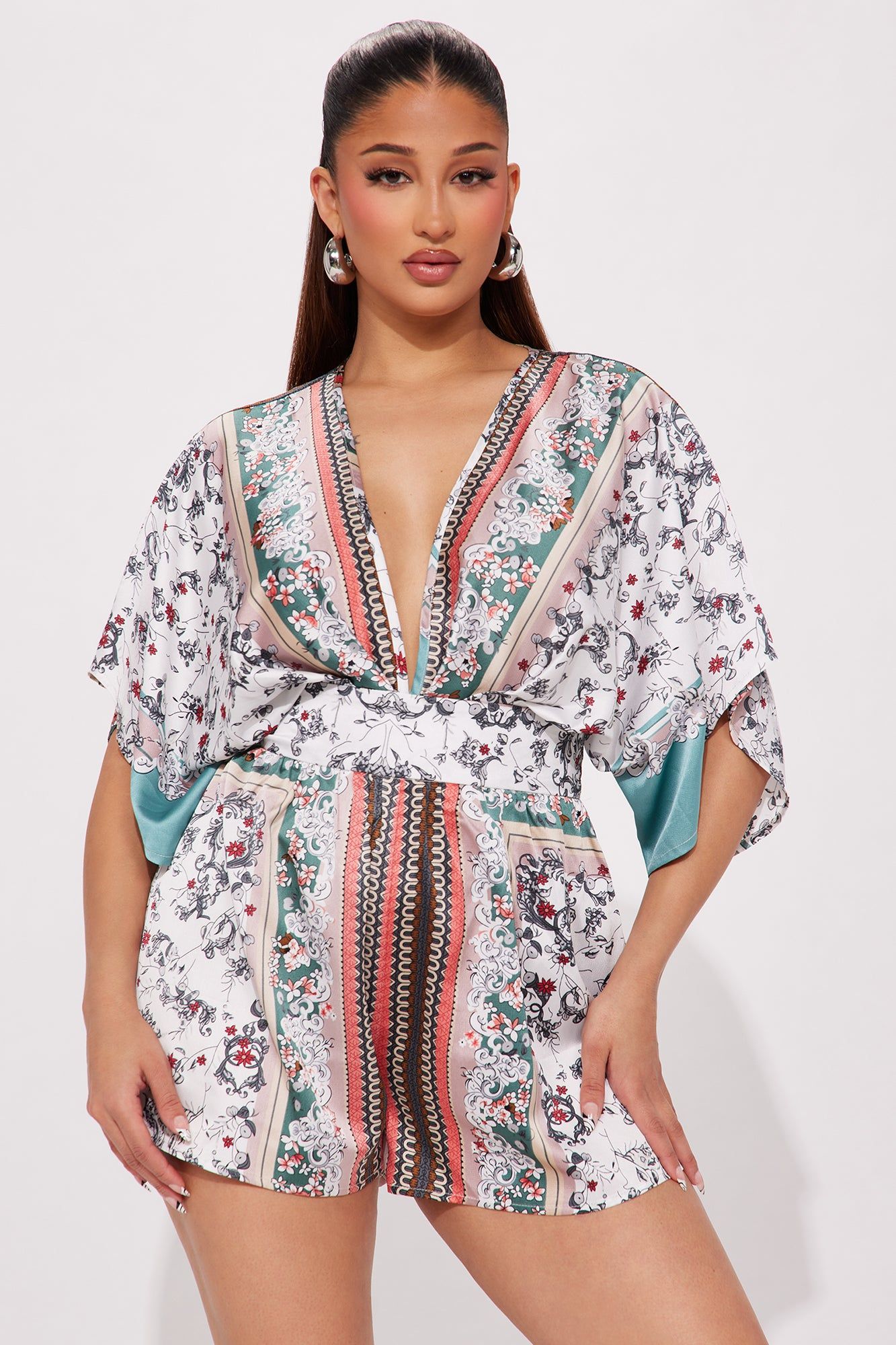 Take A Chance Satin Romper - Sage/combo sold by Fashion Nova