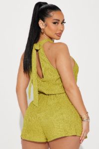 Weekend Mood Textured Romper - Chartreuse sold by Fashion Nova